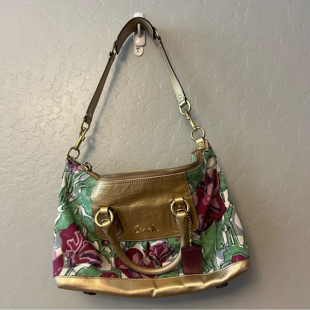 Coach Ashley Floral Gold, Green and Purple Women's Shoulder Bag Satchel Purse - Picture 2 of 16